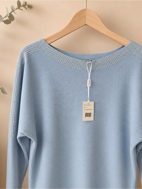 Vila Milano Sweaters - Light Blue Beaded Scoop-Neck Women's light blue Sweater